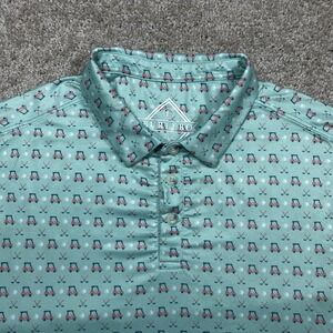 Burlebo Golf Polo Shirt Men's L Green Golf Cart Flag Golf Clubs Pattern AOP